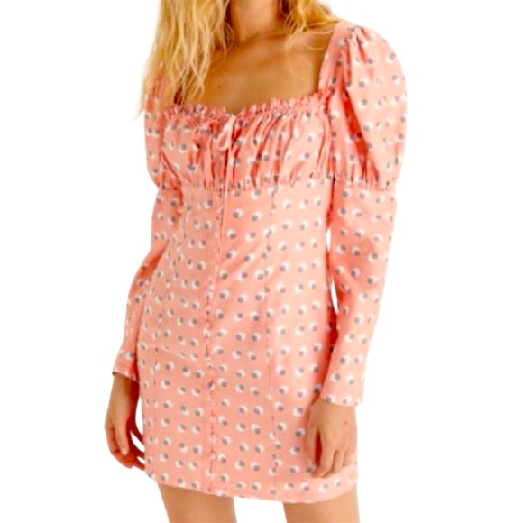 EGGIE X UO Puff Sleeve Button Front Fitted Babydoll Dress Size S Peach Dot NWT - Picture 2 of 13